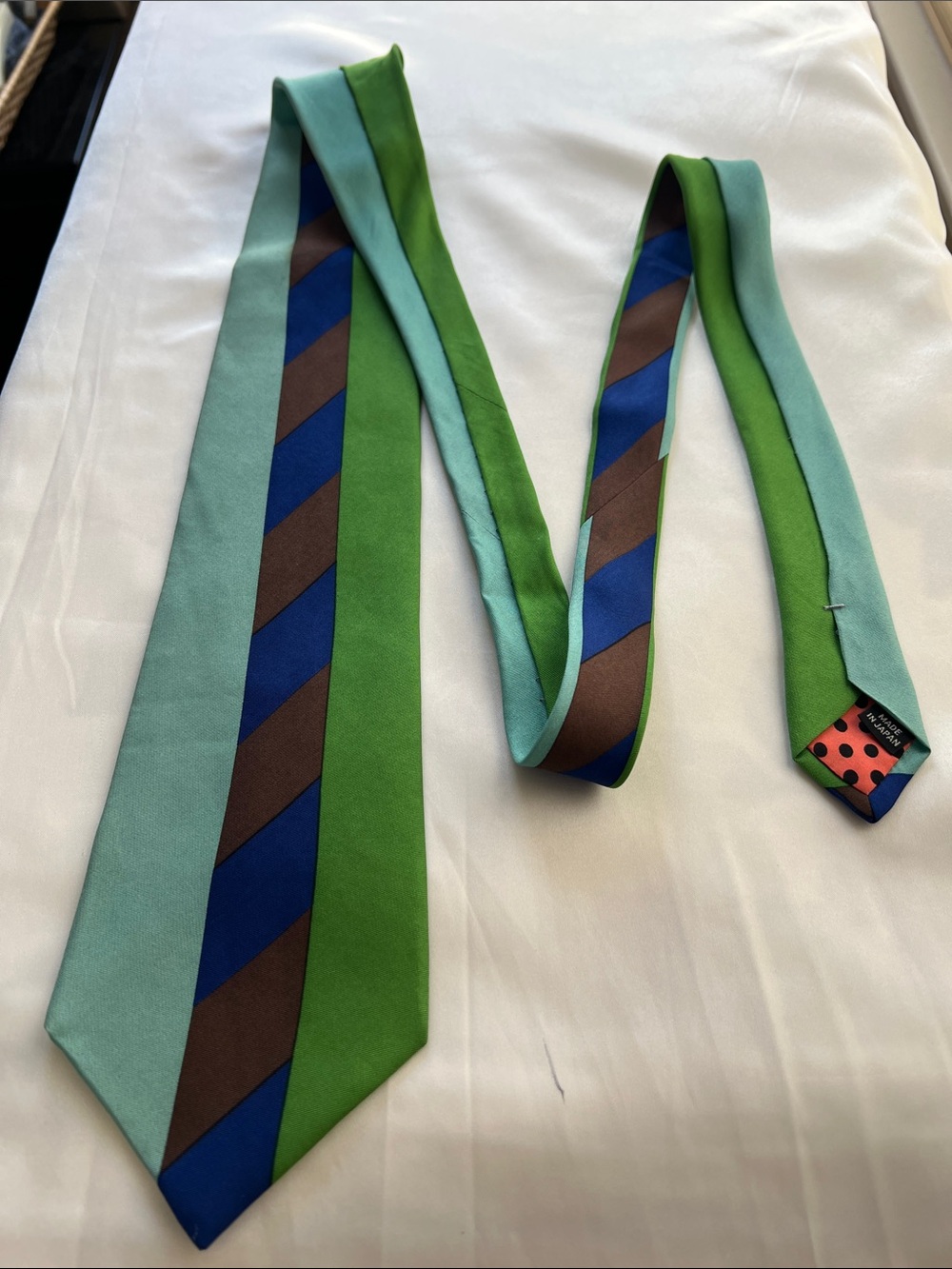 Green and Aqua Striped Men’s Silk Tie with Blue and Brown Accents